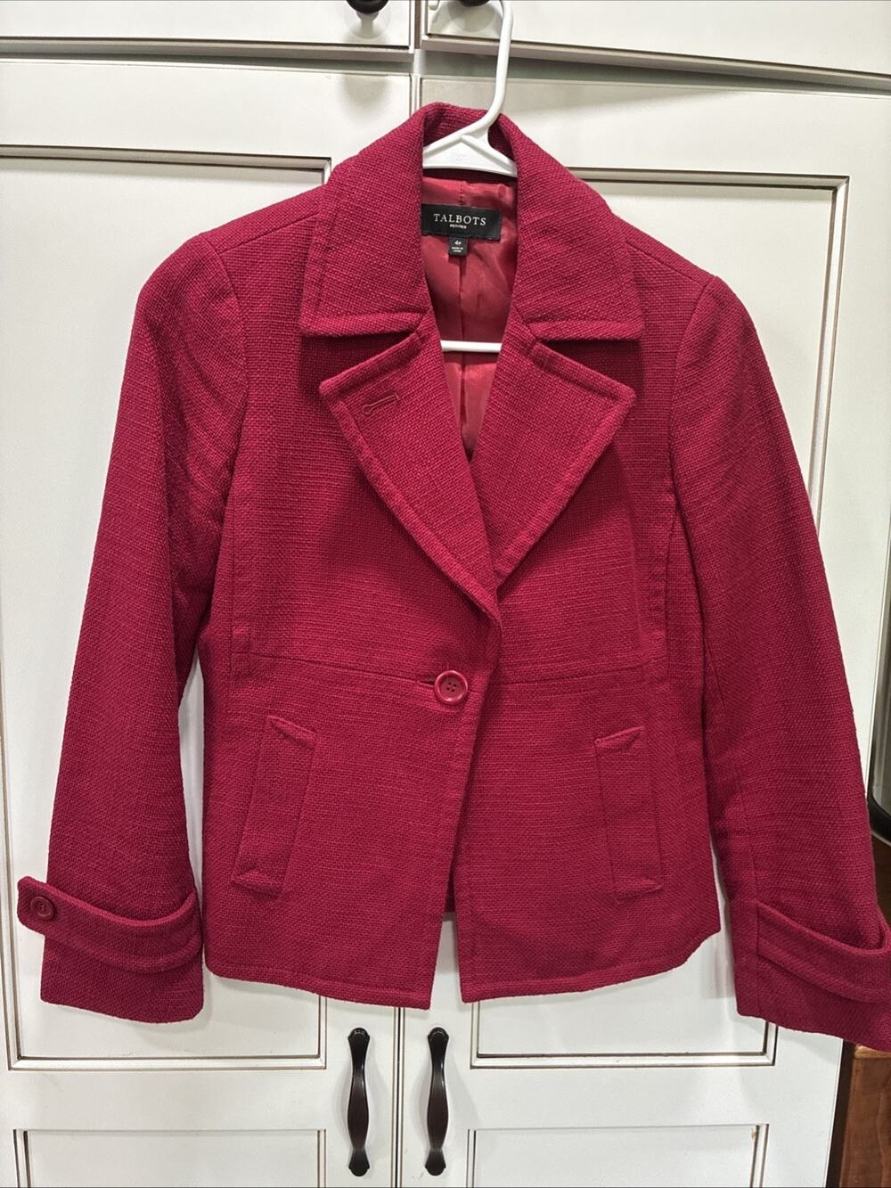 Talbots Blazer Womens 4P Red Single Button Textured Cotton Lined Career Jacket